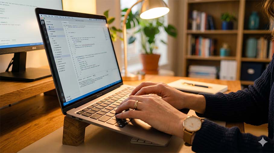 Solopreneur schrijft AI-prompt voor contentcreatie op laptop